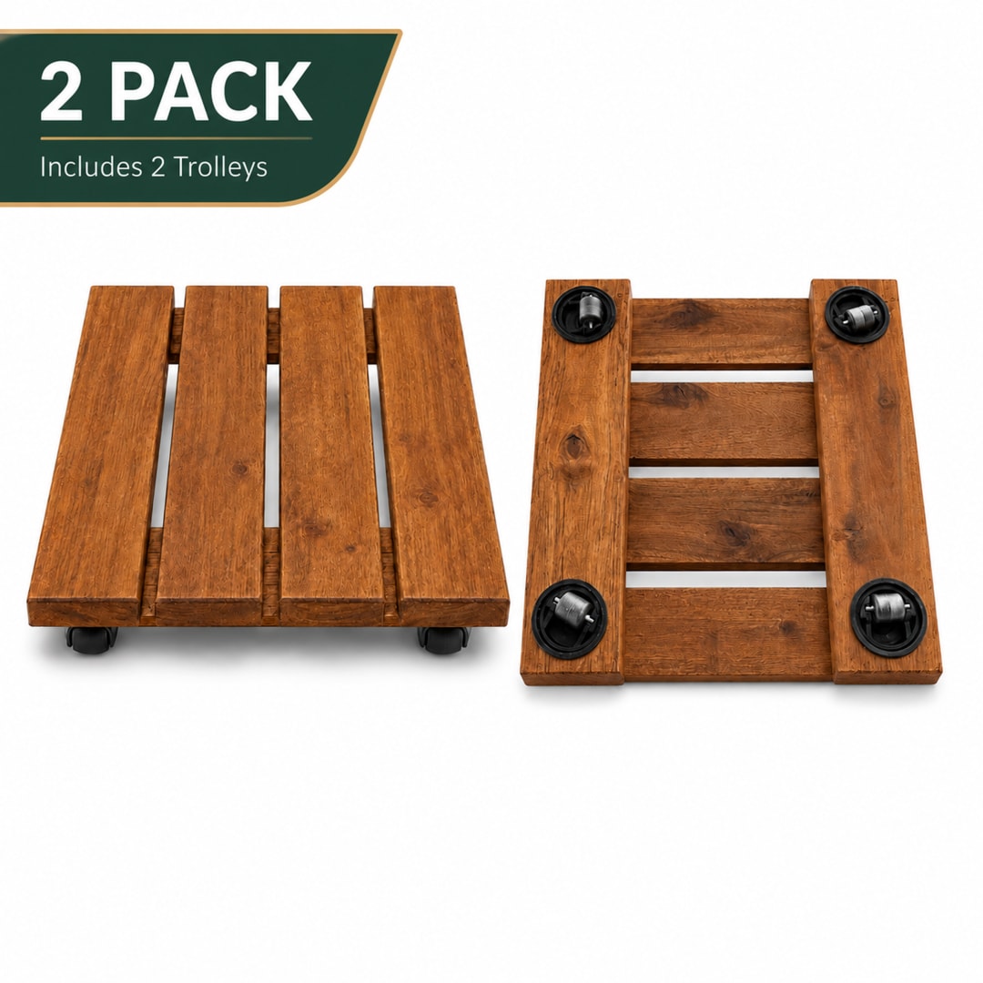 Modern Indoor/Outdoor 12 in. Brown Acacia Wood Square Rolling Plant Caddy, 2-Pack