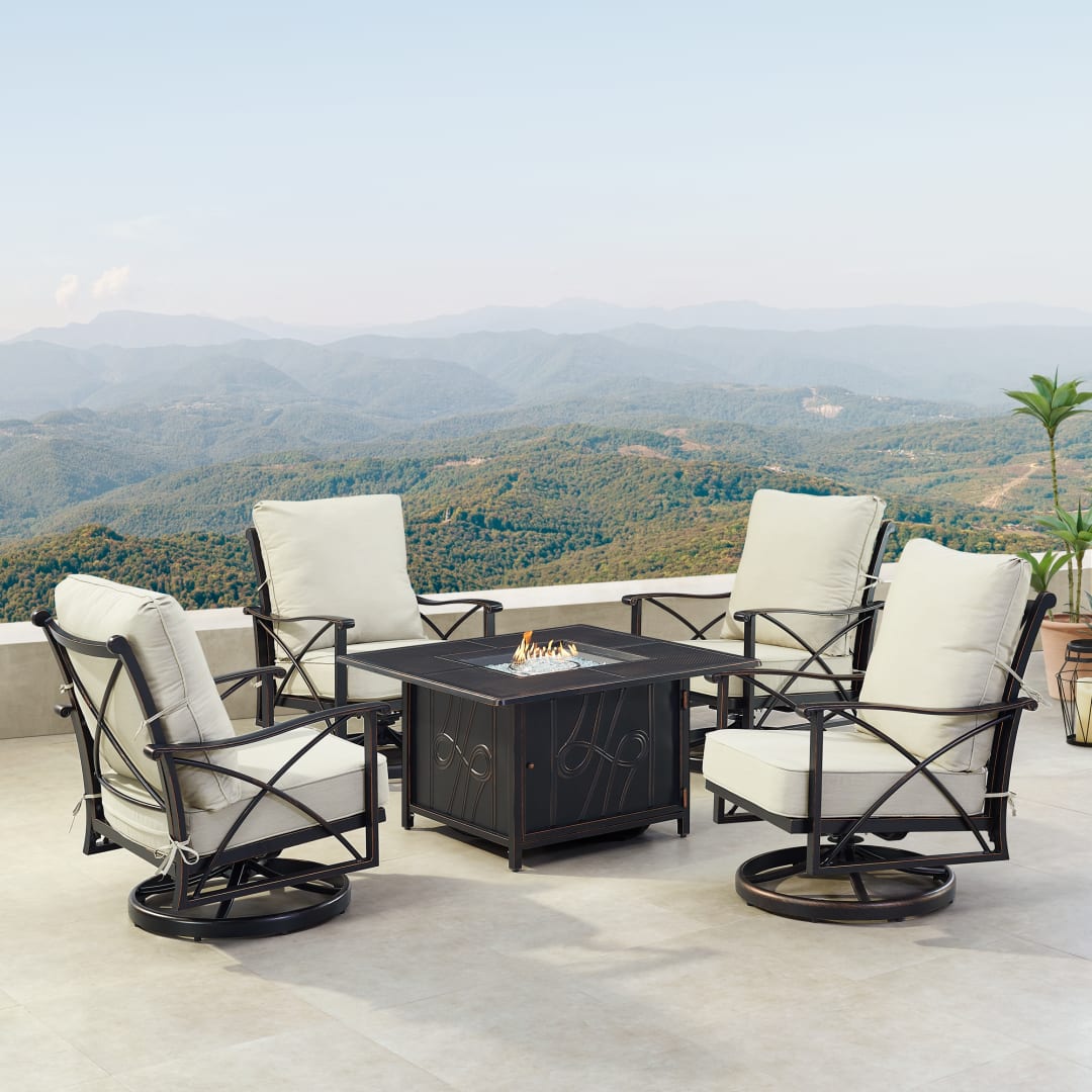 Black Aluminum Patio Fire Table Set with Four Club Chairs