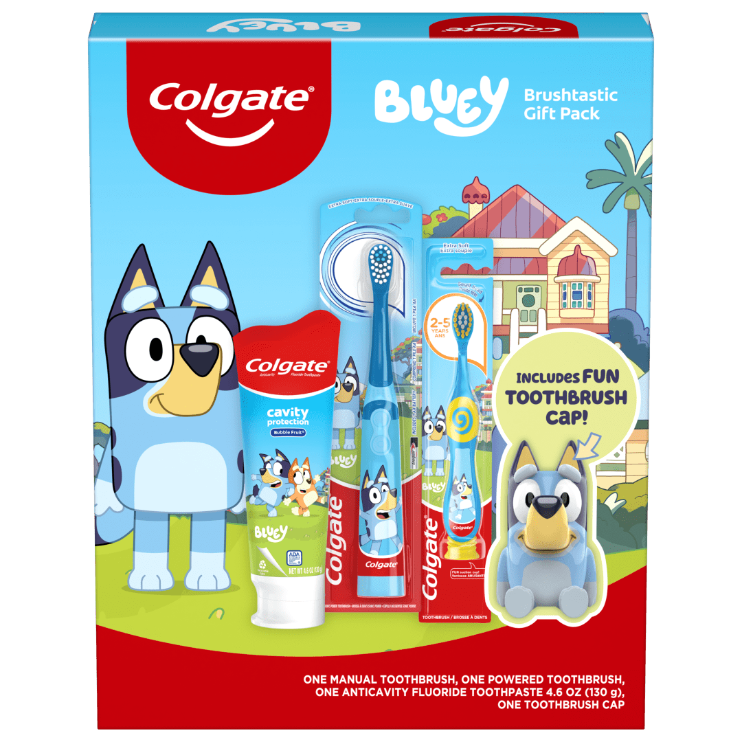 Colgate Kids Toothbrush Set with Toothpaste, Bluey Gift Set, 1 manual toothbrush, one powered tootbrush and one Toothpaste