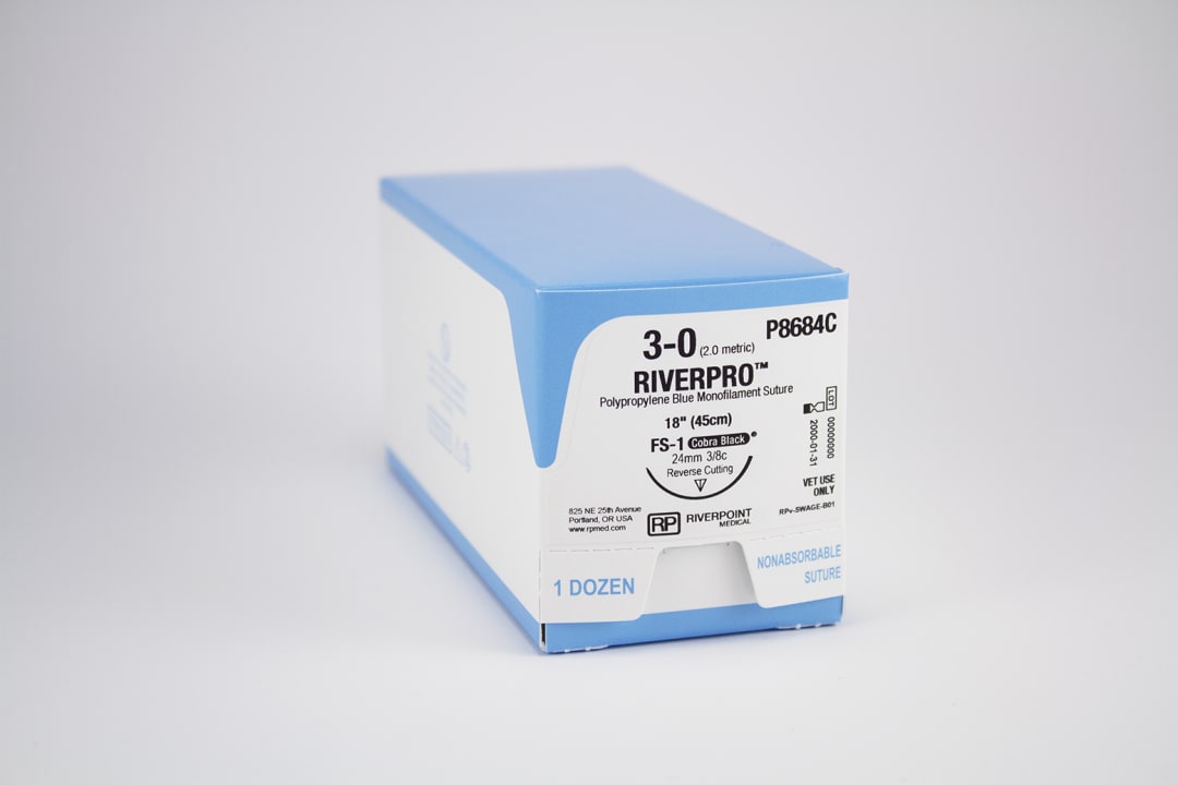 Riverpro PP Suture, USP 3-0 with 24mm FS-1 Reverse Cutting 3/8 Circle Cobra Black Needle, Blue, 45cm, Sterile