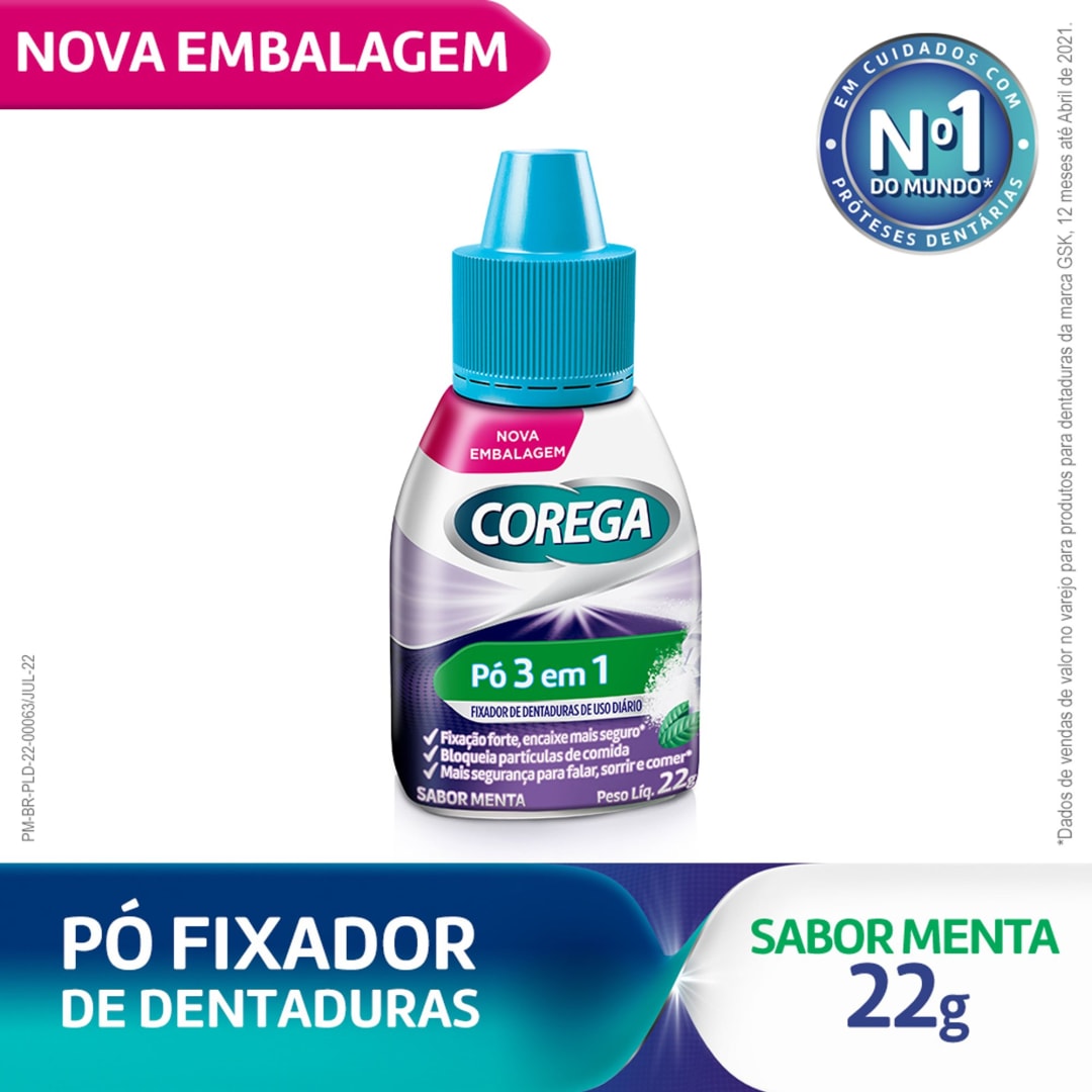Corega Pó 3 em 1 Fixador de Dentadura Forte Fixação Sabor Menta 22g