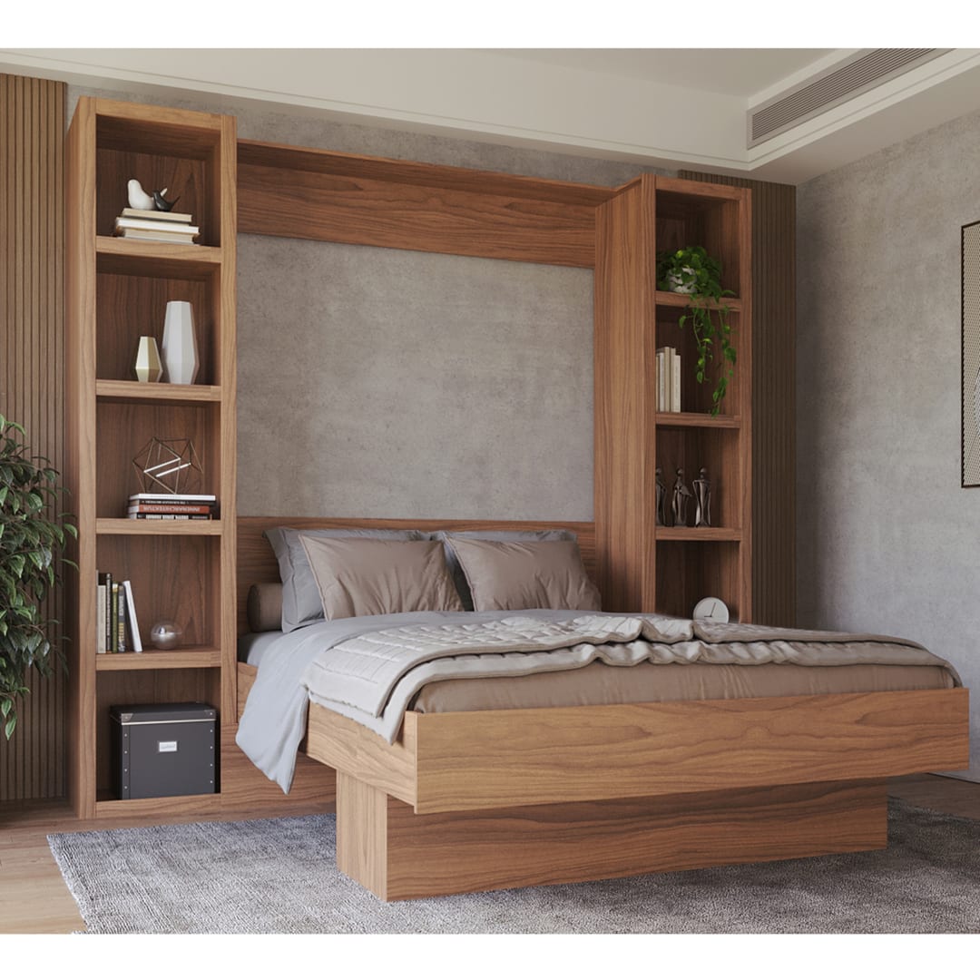 Easy-Lift Queen Murphy Wall Bed in Brown with Two Bookshelves