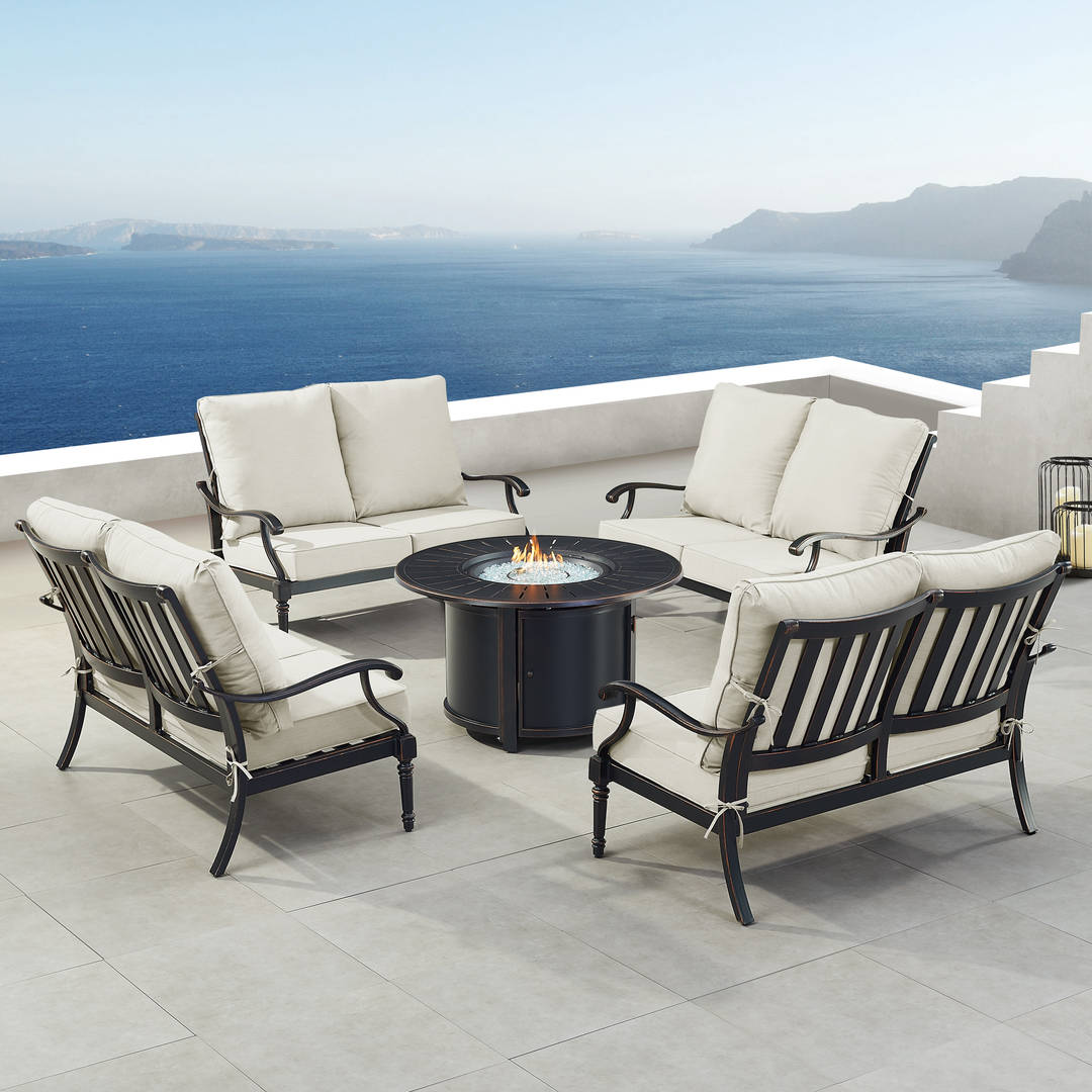 Black Aluminum Patio Fire Table Set with Four Deep Seating Loveseat with Cushions