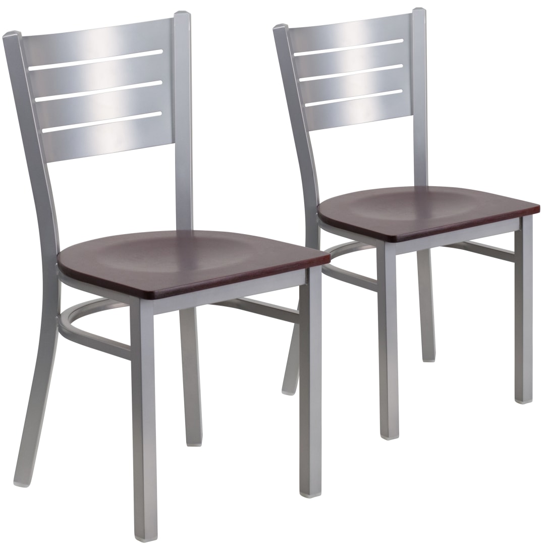 2 Pk. HERCULES Series Silver Slat Back Metal Restaurant Chair - Mahogany Wood Seat