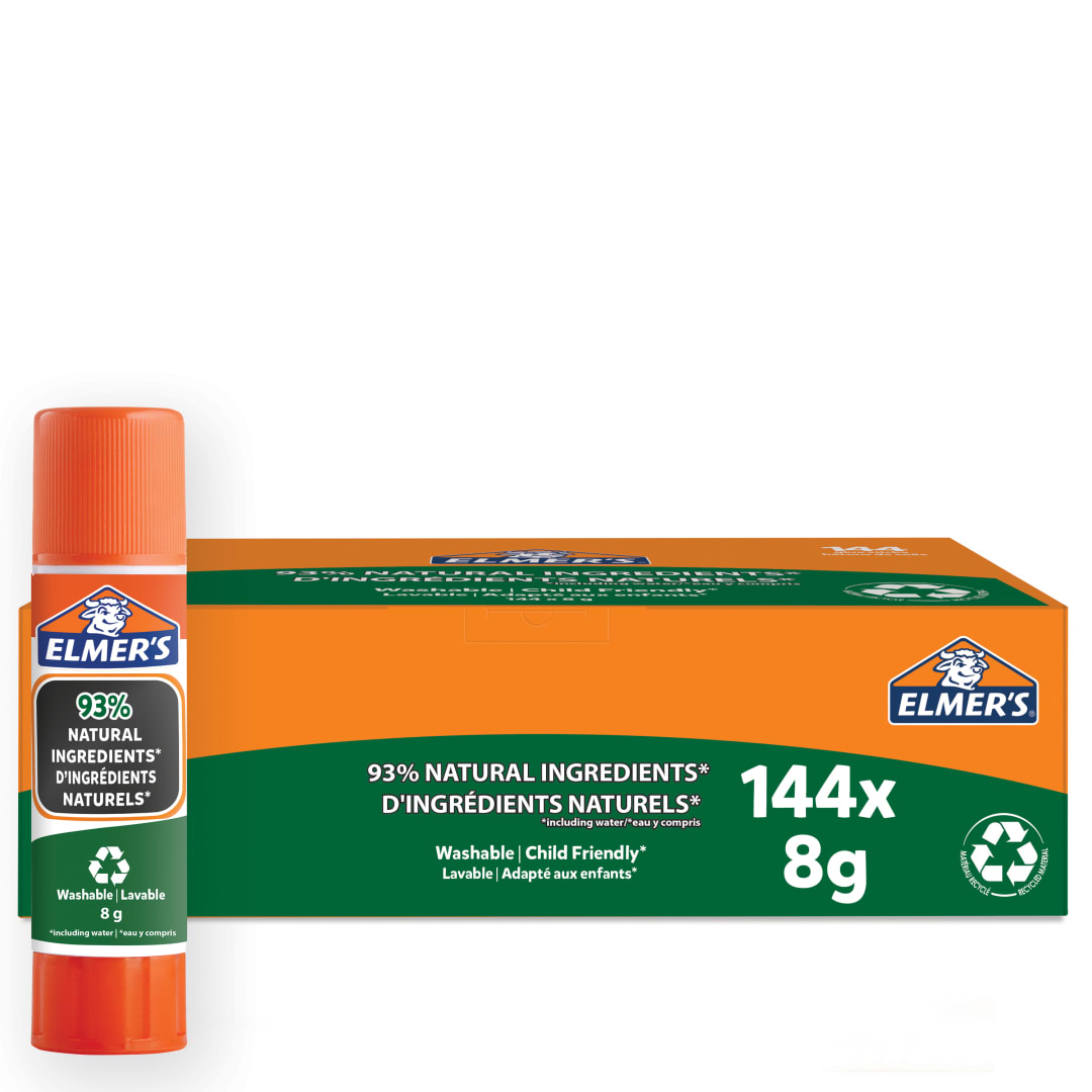 Barras de pegamento puro de Elmer | 93 % de ingredientes naturales | Ideal para clase y manualidades | Lavable y apto para niños | 8 g | paquete de 144