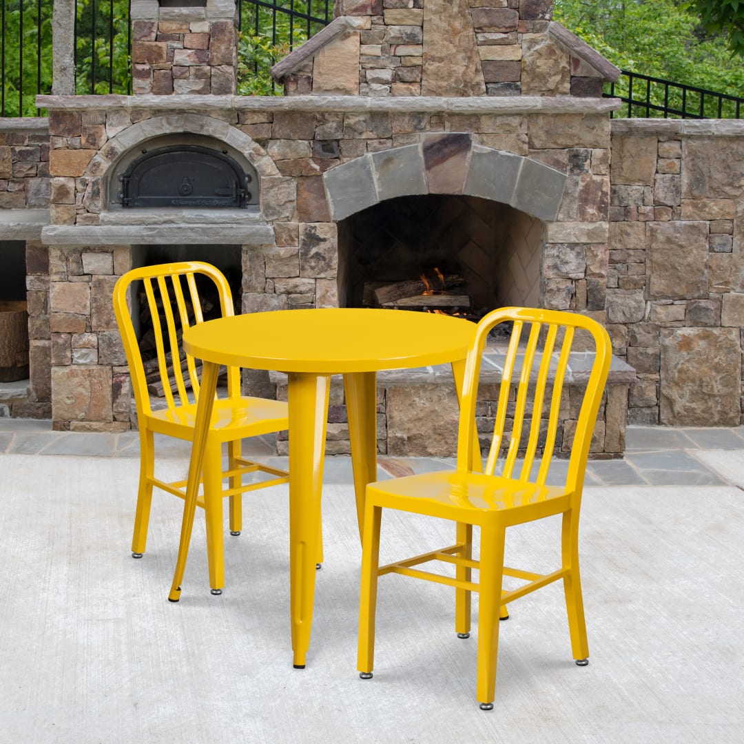 Craig Commercial Grade 30" Round Yellow Metal Indoor-Outdoor Table Set with 2 Vertical Slat Back Chairs