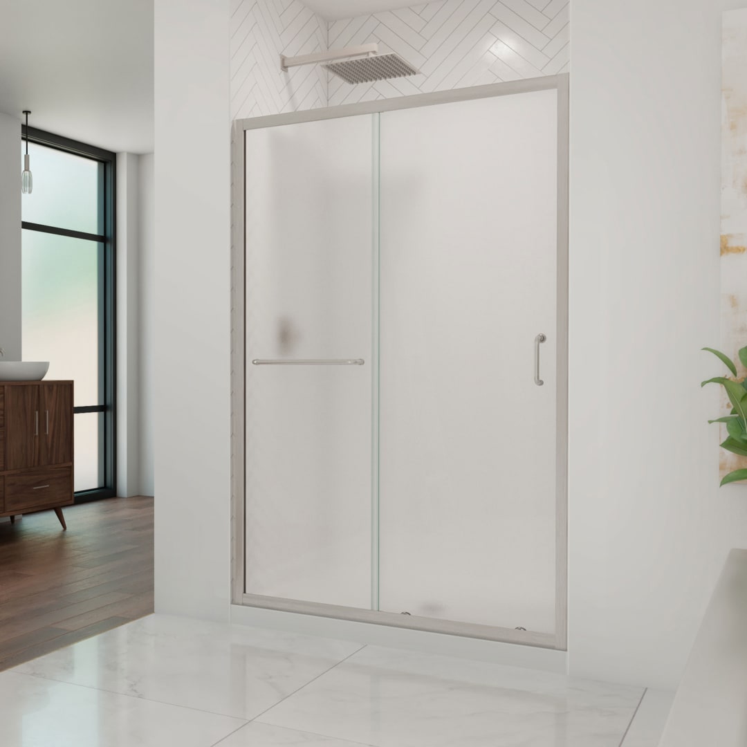 DreamLine Infinity-Z 36 inch D x 48 inch W x 74 3/4 inch H Semi-Frameless Sliding Frosted Shower Door in Brushed Nickel with Center Drain White Shower Base Kit