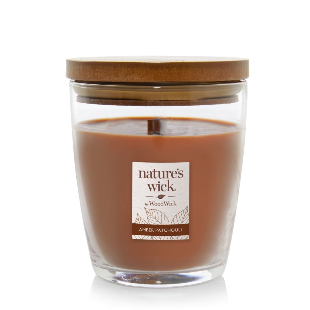 WoodWick® Nature's Wick Amber Patchouli Scented Candle, 10oz with Wooden Lid, Crackles at it Burns