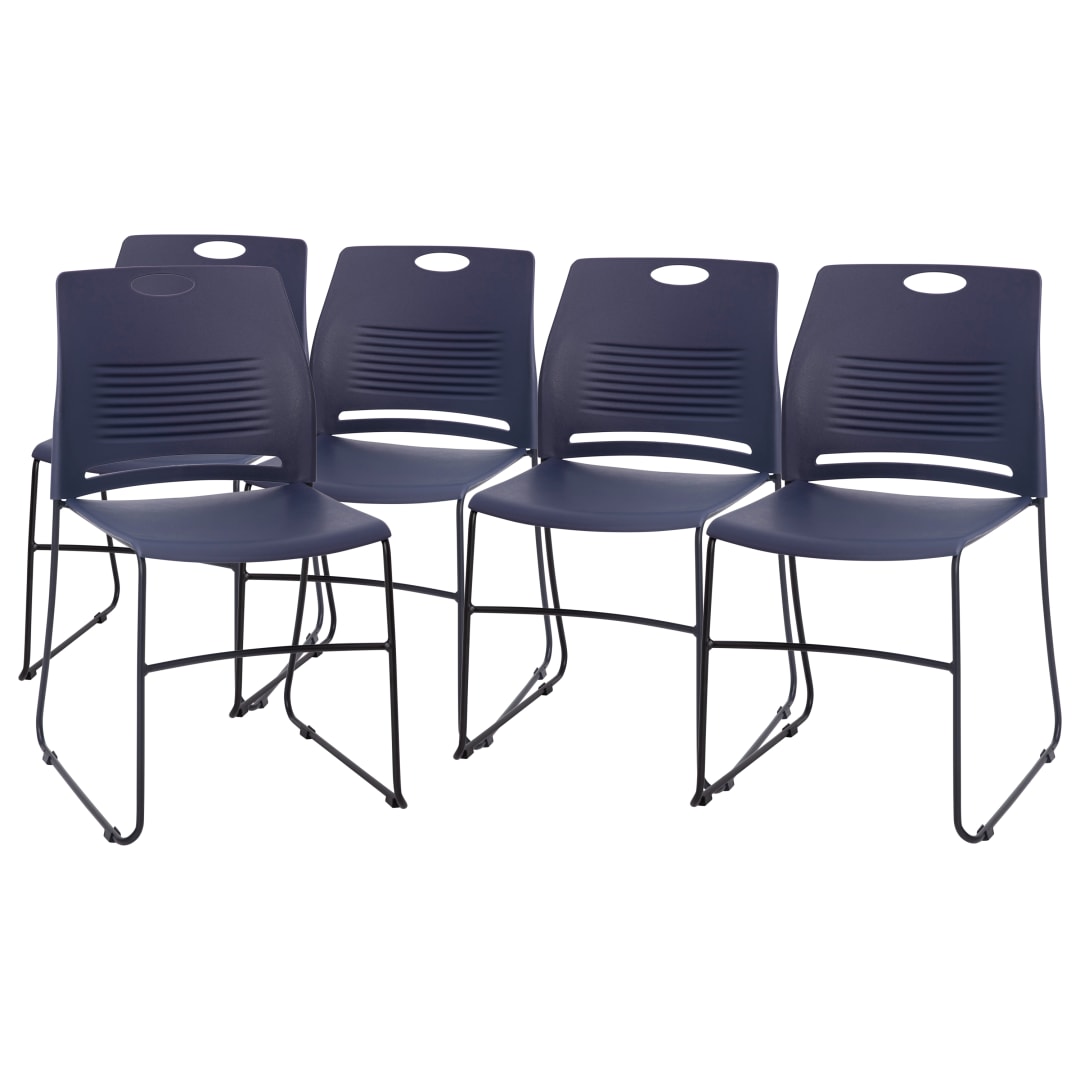 HERCULES Series Set of 5 Commercial 660 lb. Capacity Navy Plastic Stack Chairs with Black Powder Coated Sled Base Frames and Carrying Handle