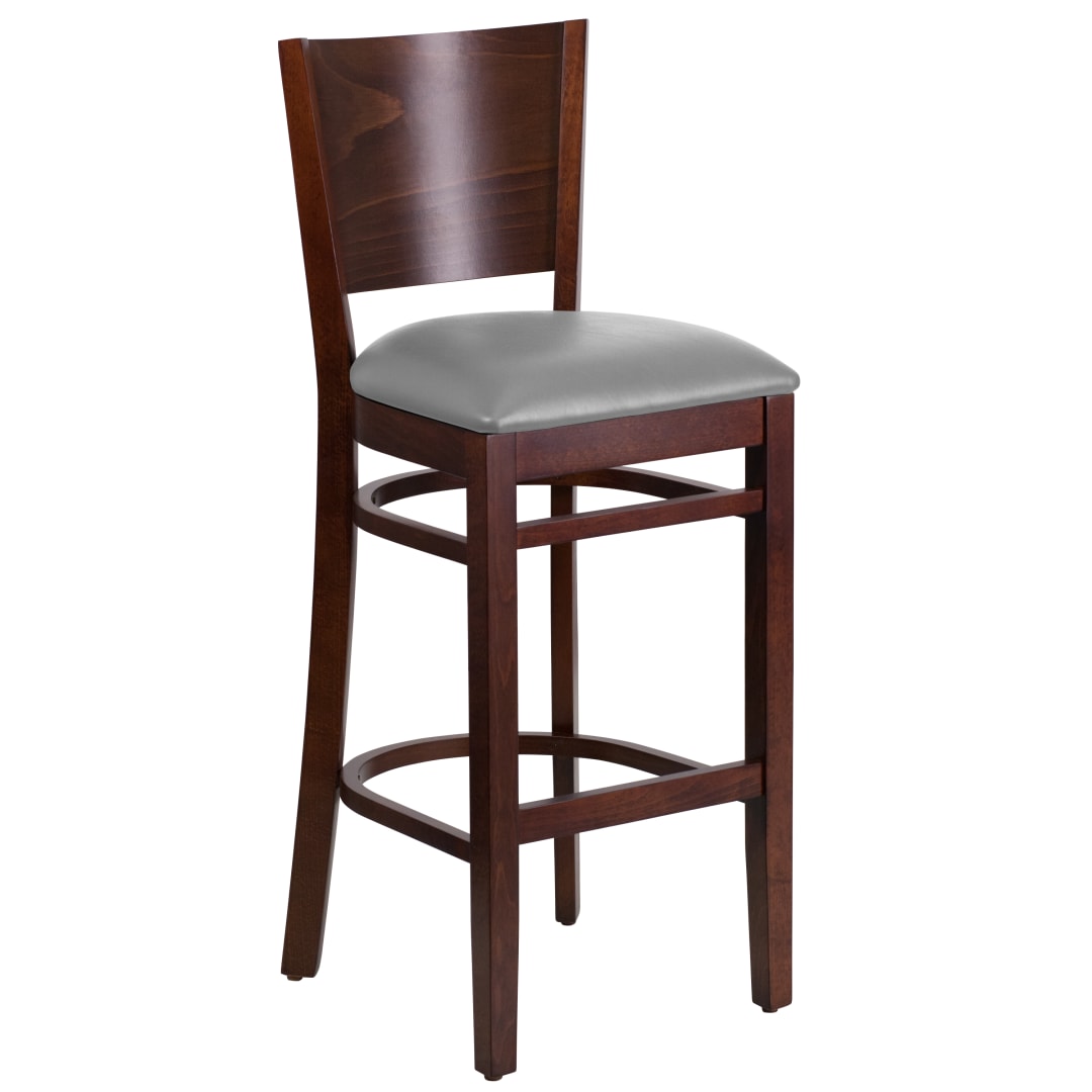 Lacey Series Solid Back Walnut Wood Restaurant Barstool - Custom Upholstered Seat