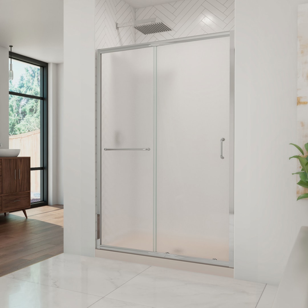DreamLine Infinity-Z 36 inch D x 48 inch W x 74 3/4 inch H Semi-Frameless Sliding Frosted Shower Door in Chrome with Center Drain Biscuit Shower Base Kit