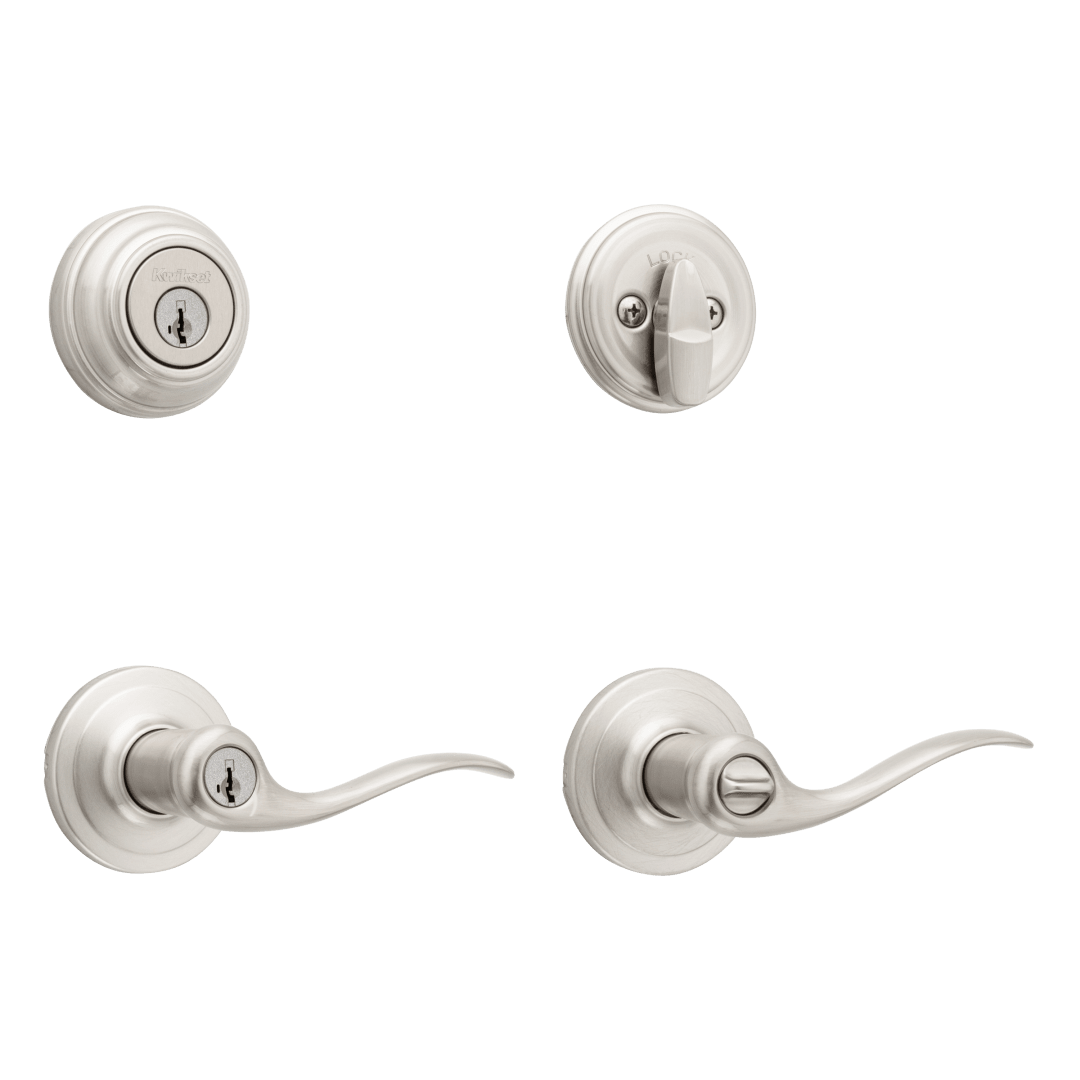991 Tustin Keyed Entry Lever and Single Cylinder Deadbolt Combo Pack featuring SmartKey Security™ in Satin Nickel