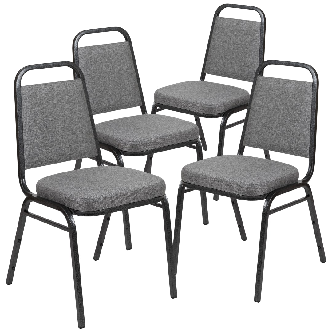 4 Pack HERCULES Series Trapezoidal Back Stacking Banquet Chair with 2.5" Thick Seat in Gray Fabric - Silver Vein Frame