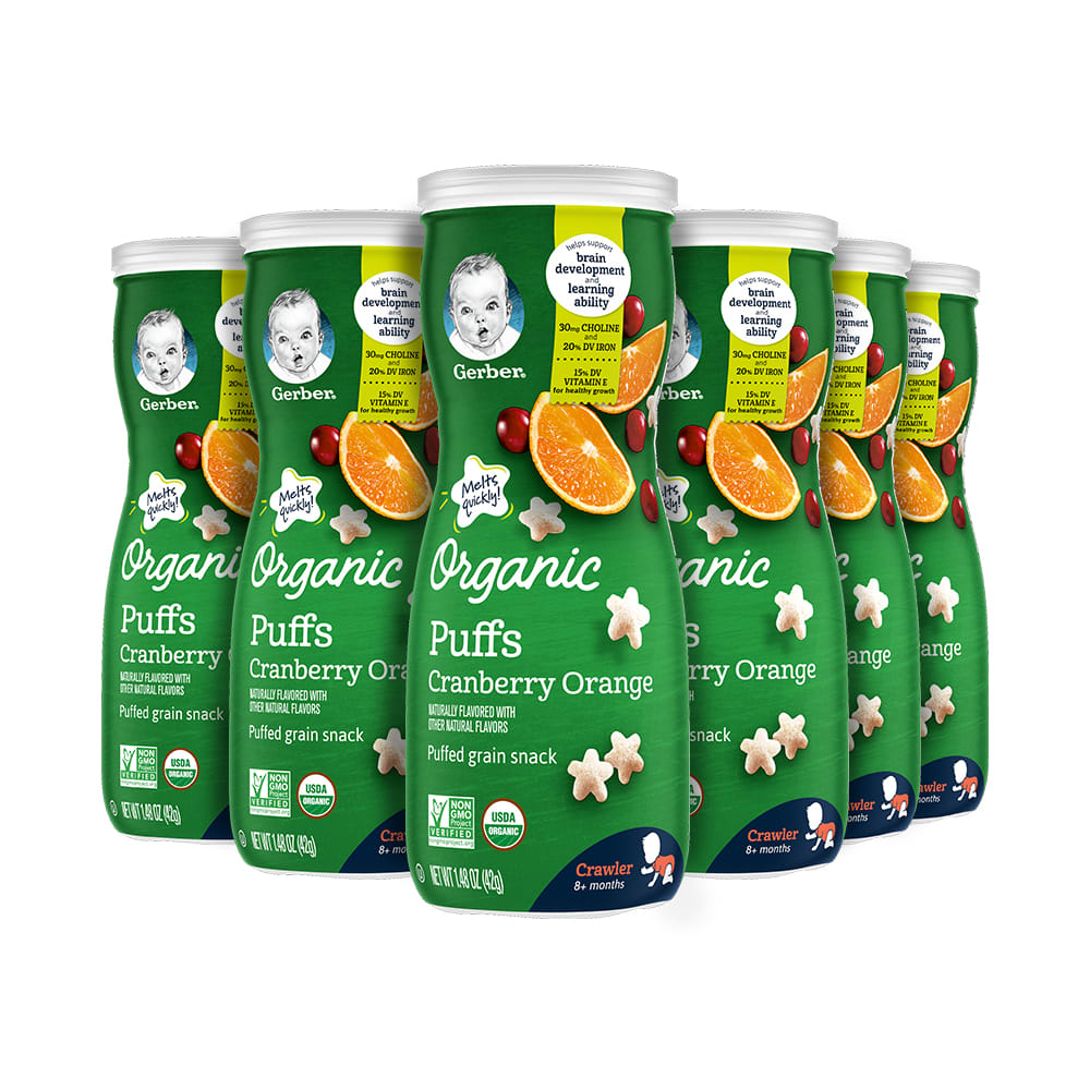 Gerber Organic Stage 3 Baby Food Snacks, Cranberry Orange Puffs, 1.48 oz Canister (6 Pack)
