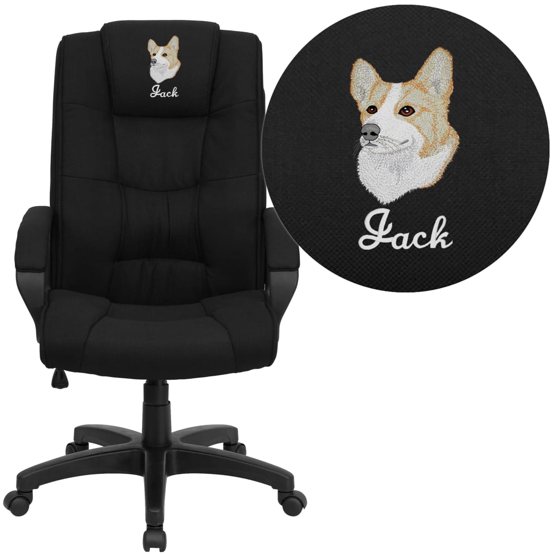 Jessica Embroidered High Back Black Fabric Executive Swivel Office Chair with Arms
