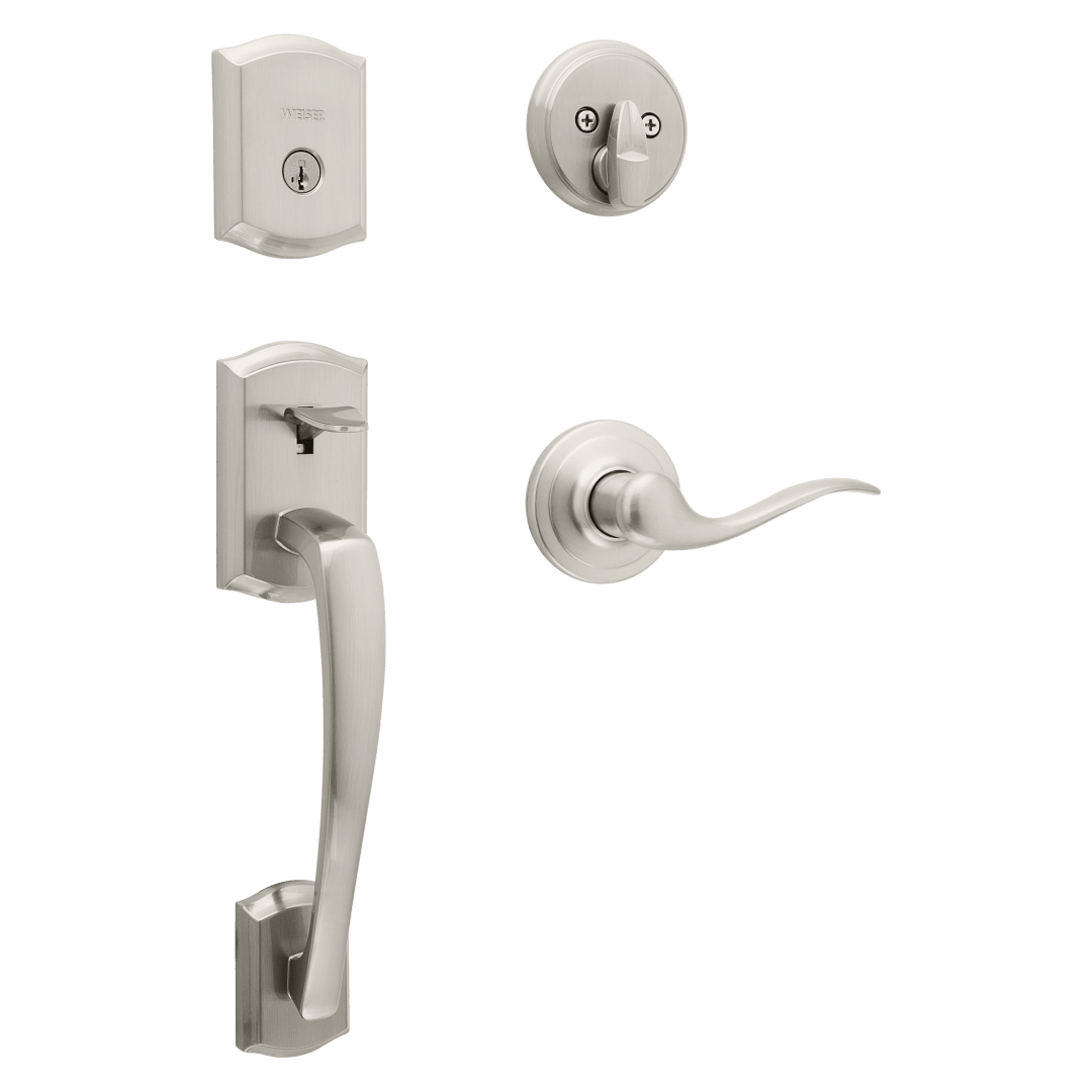 Prescott Single Cylinder Handleset w/ Toluca Lever featuring SmartKey Security™ in Satin Nickel