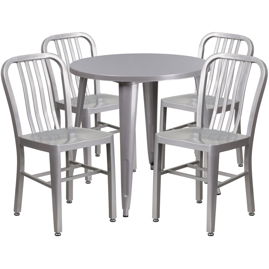 Chad Commercial Grade 30" Round Silver Metal Indoor-Outdoor Table Set with 4 Vertical Slat Back Chairs