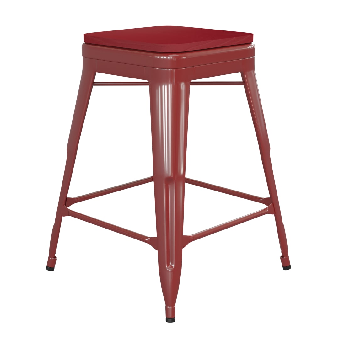 Kai Commercial Grade 24" High Backless Red Metal Indoor-Outdoor Counter Height Stool with Red Poly Resin Wood Seat