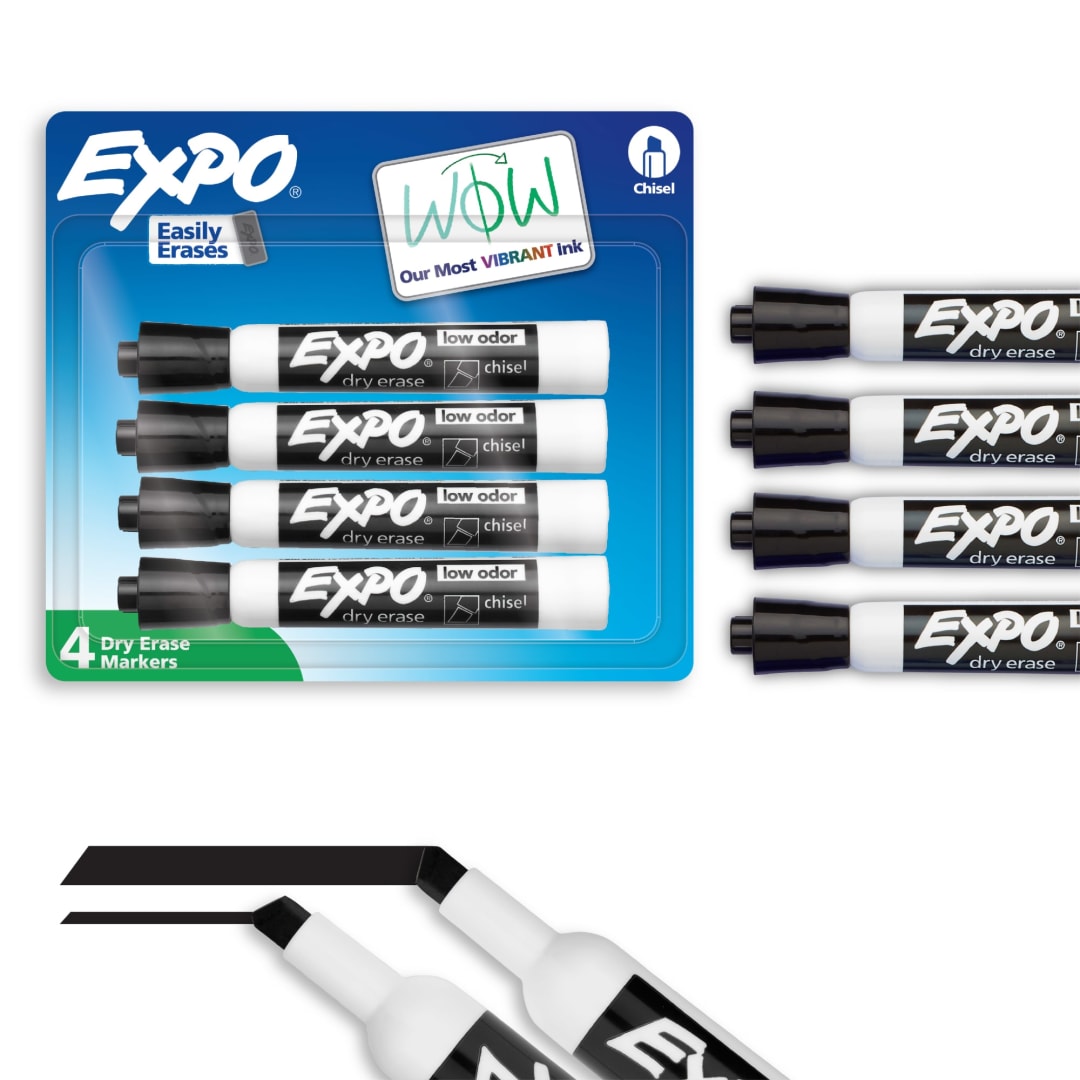 EXPO Dry Erase Markers, Low Odor Ink, Black, Chisel Tip, 4 Count