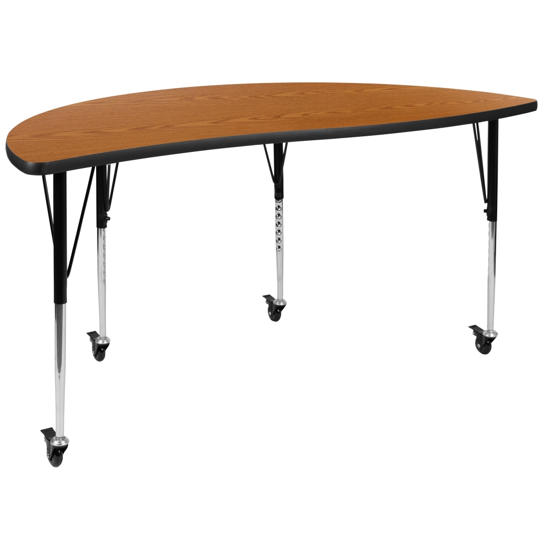 Wren Mobile 60" Half Circle Wave Flexible Collaborative Oak Thermal Laminate Activity Table-Standard Height Adjust Legs
