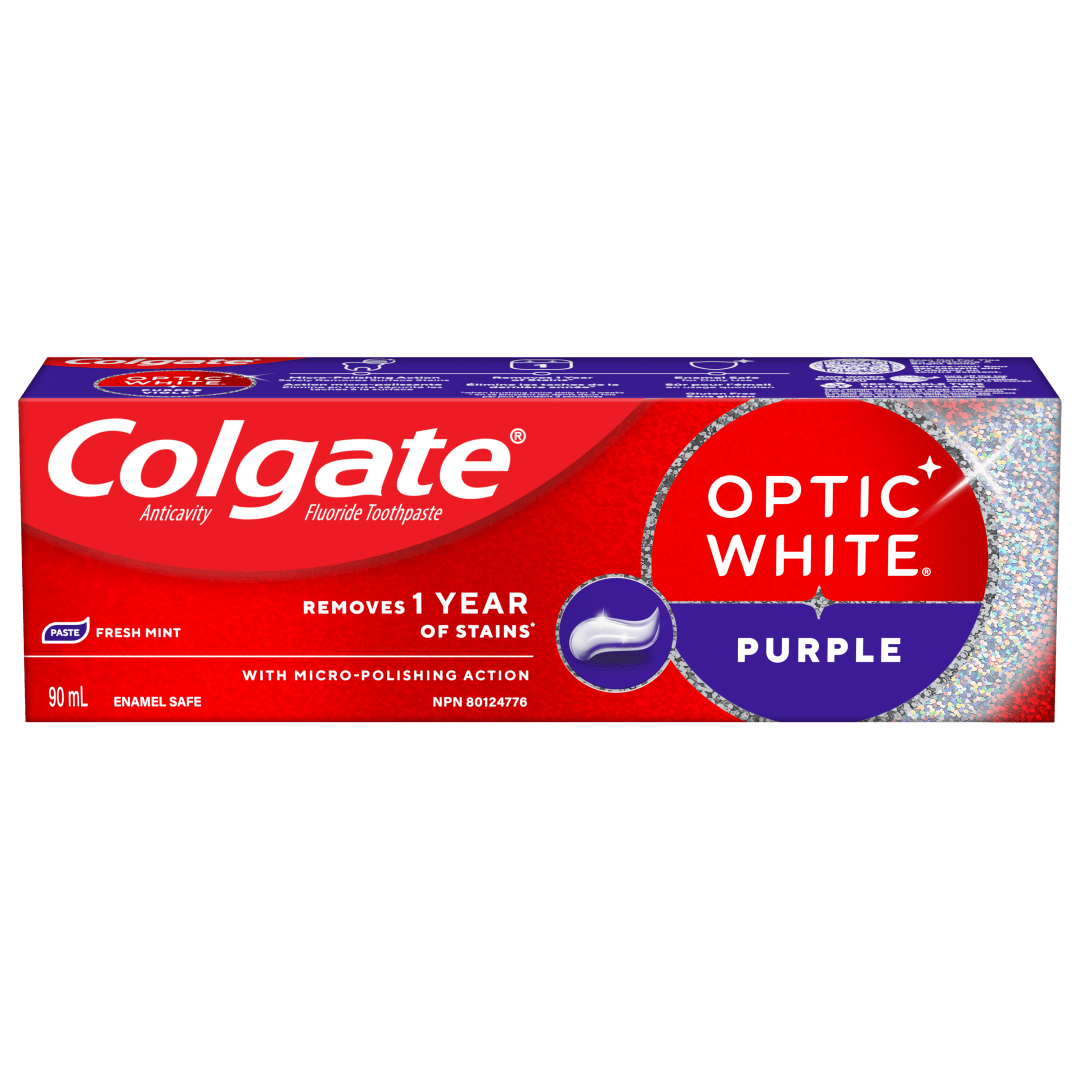 Dentifrice blanchissant Colgate Optic White Purple, dentifrice anti-caries au fluorure, saveur menthe fraîche, 90 ml