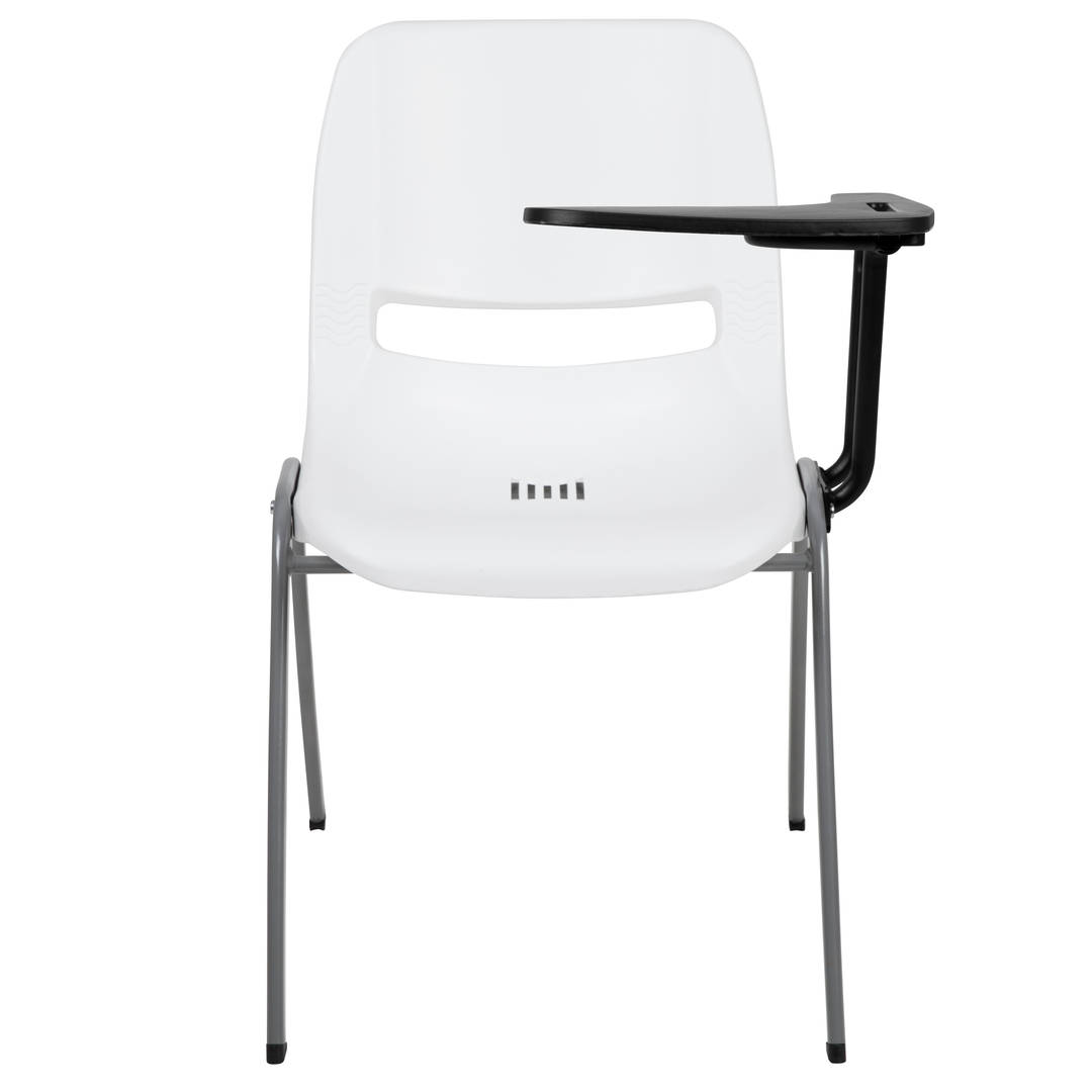 HERCULES 5 Pack White Ergonomic Shell Chair with Left Handed Flip-Up Tablet Arm