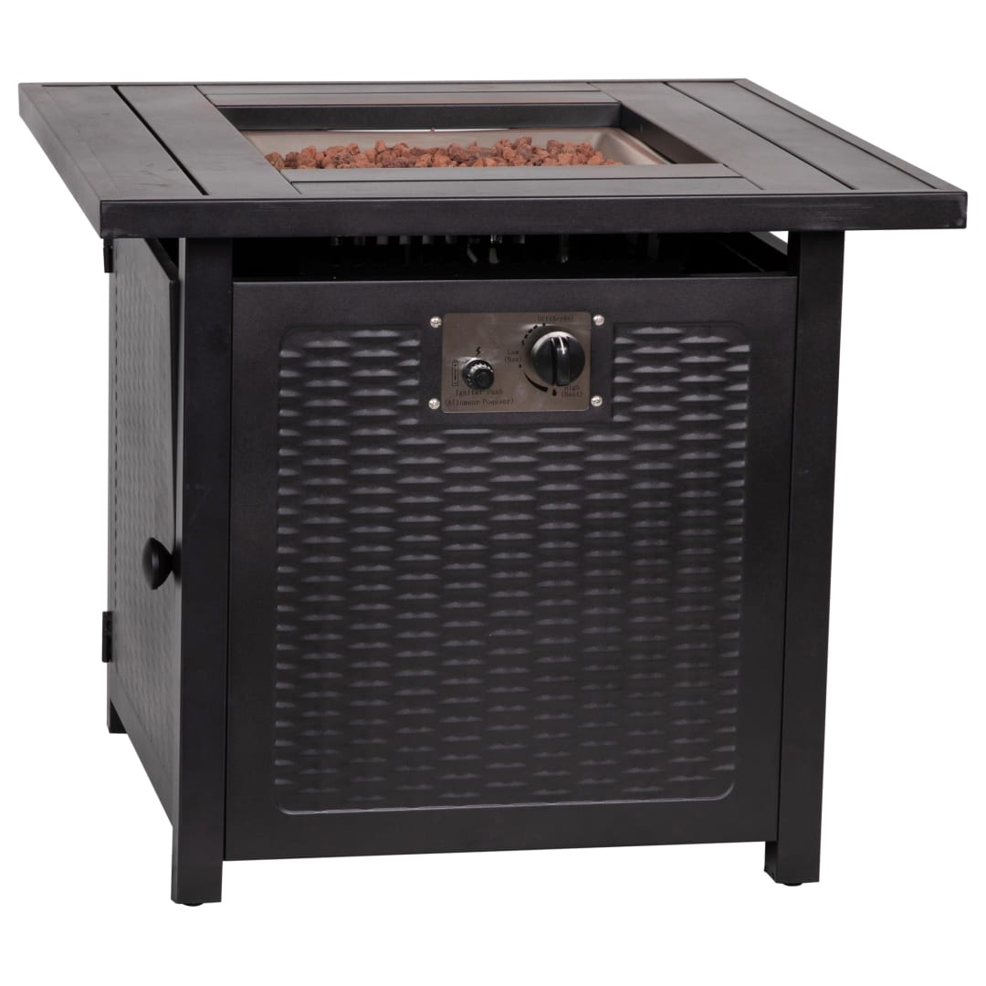 Olympia 28" Square 50,000 BTU Outdoor Propane Gas Fire Pit Table with Stainless Steel Tabletop, Lid, Lava Rocks, and Steel Wicker Detail Base - Black