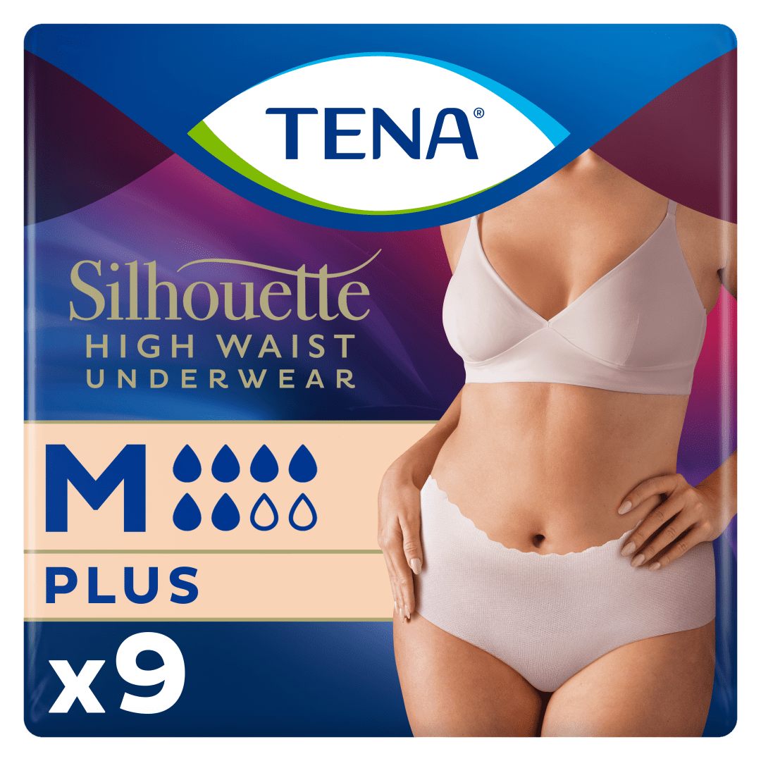 TENA Silhouette Plus High Waist – Elegant Discreet Incontinence Underwear for Women, Moderate to Heavy Leakage Protection, Stylish Design &amp; Triple Protection, Crème, Medium, Pack of 9