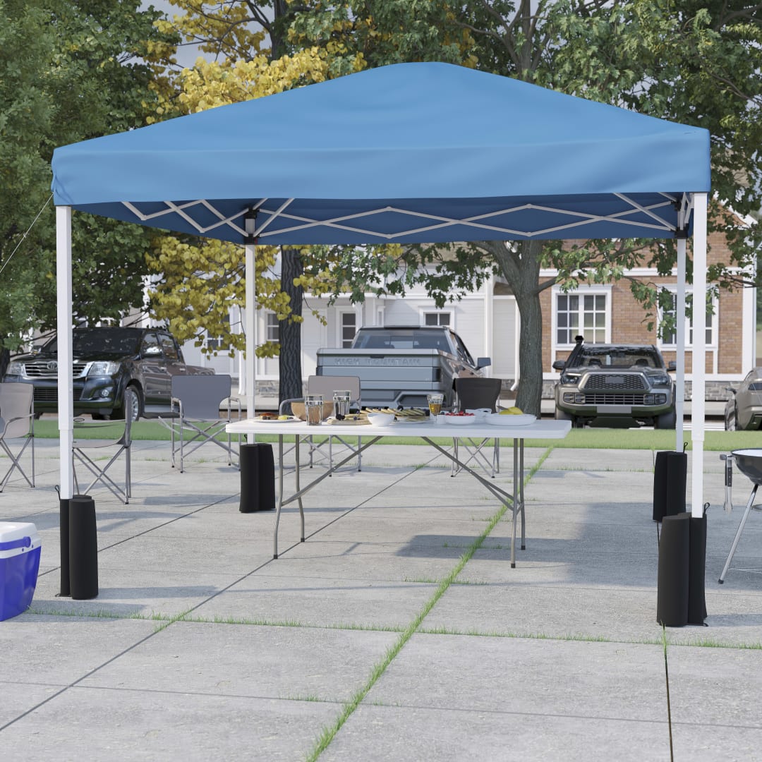 Otis 10'x10' Blue Pop Up Canopy Tent with Wheeled Case and 6-Foot Bi-Fold Folding Table with Carrying Handle - Tailgate Tent Set