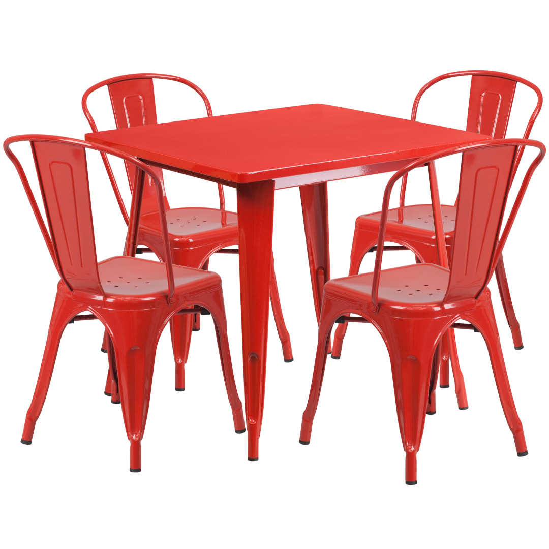 Foster Commercial Grade 31.5" Square Red Metal Indoor-Outdoor Table Set with 4 Stack Chairs
