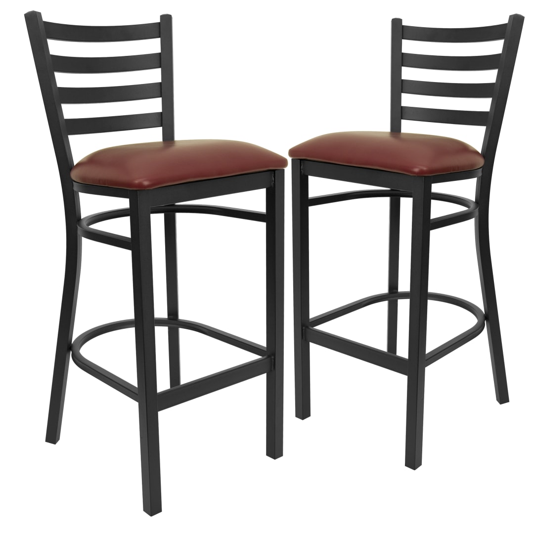 2 Pack HERCULES Series Black Ladder Back Metal Restaurant Barstool - Burgundy Vinyl Seat