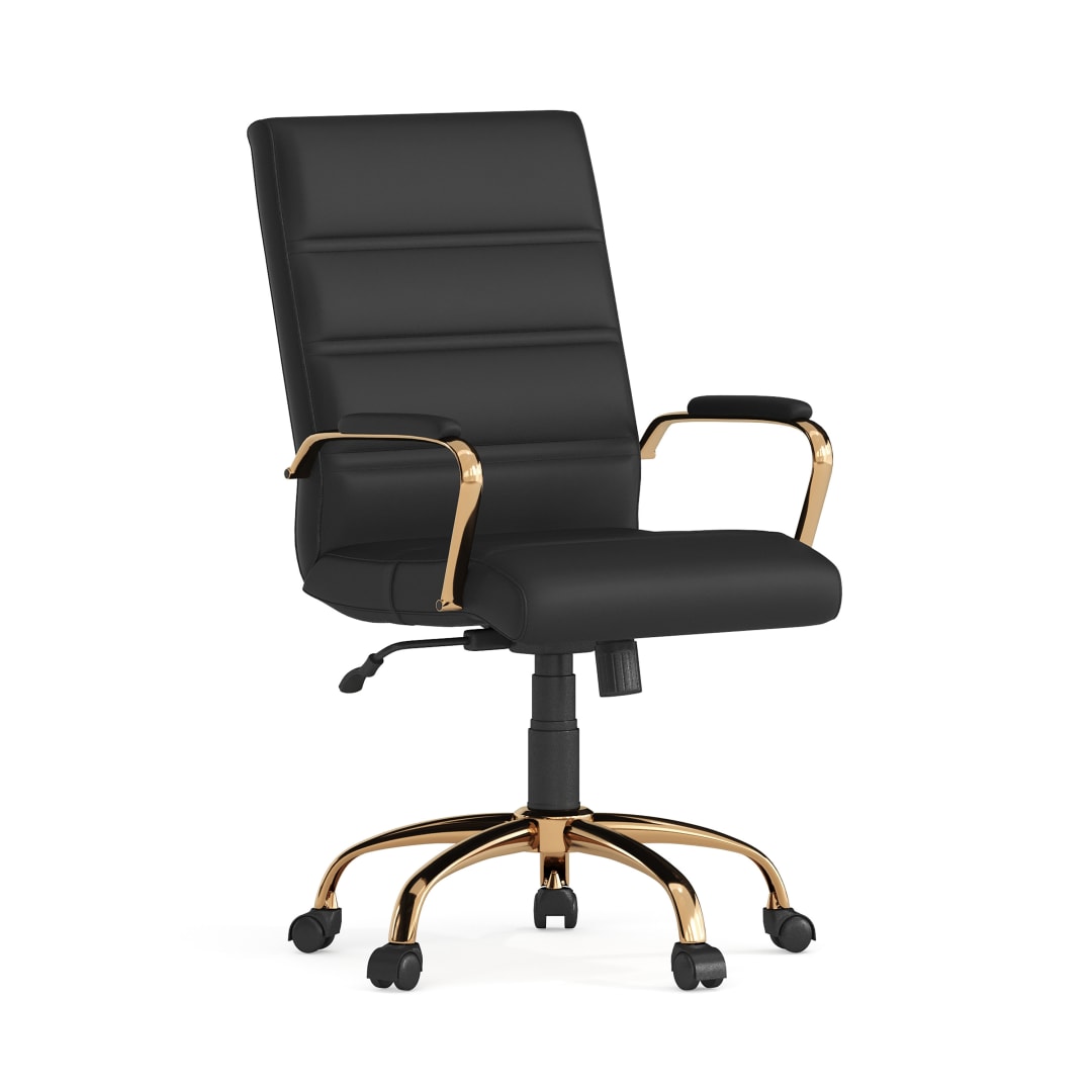 Whitney Mid-Back Black LeatherSoft Executive Swivel Office Chair with Gold Frame and Arms