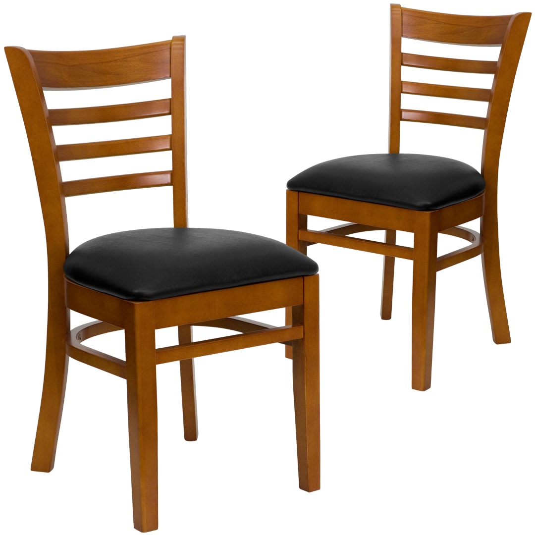 2 Pack HERCULES Series Ladder Back Cherry Wood Restaurant Chair - Black Vinyl Seat