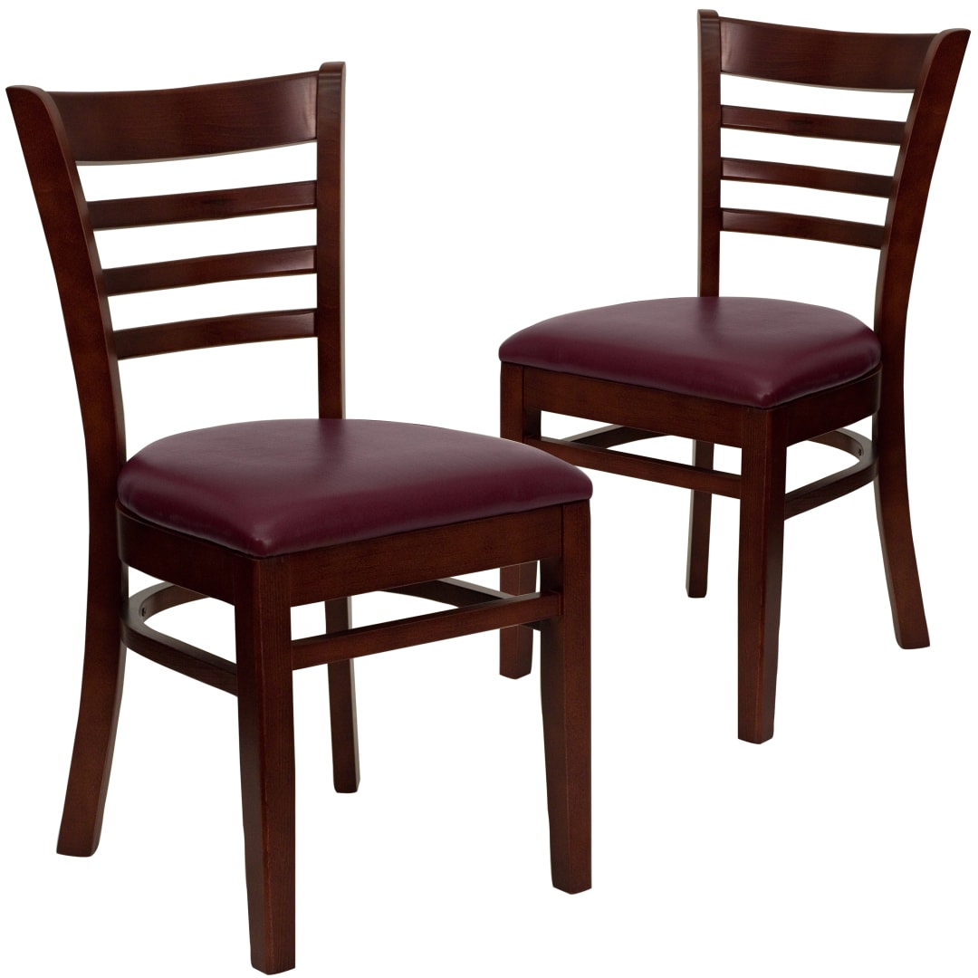2 Pack HERCULES Series Ladder Back Mahogany Wood Restaurant Chair - Burgundy Vinyl Seat
