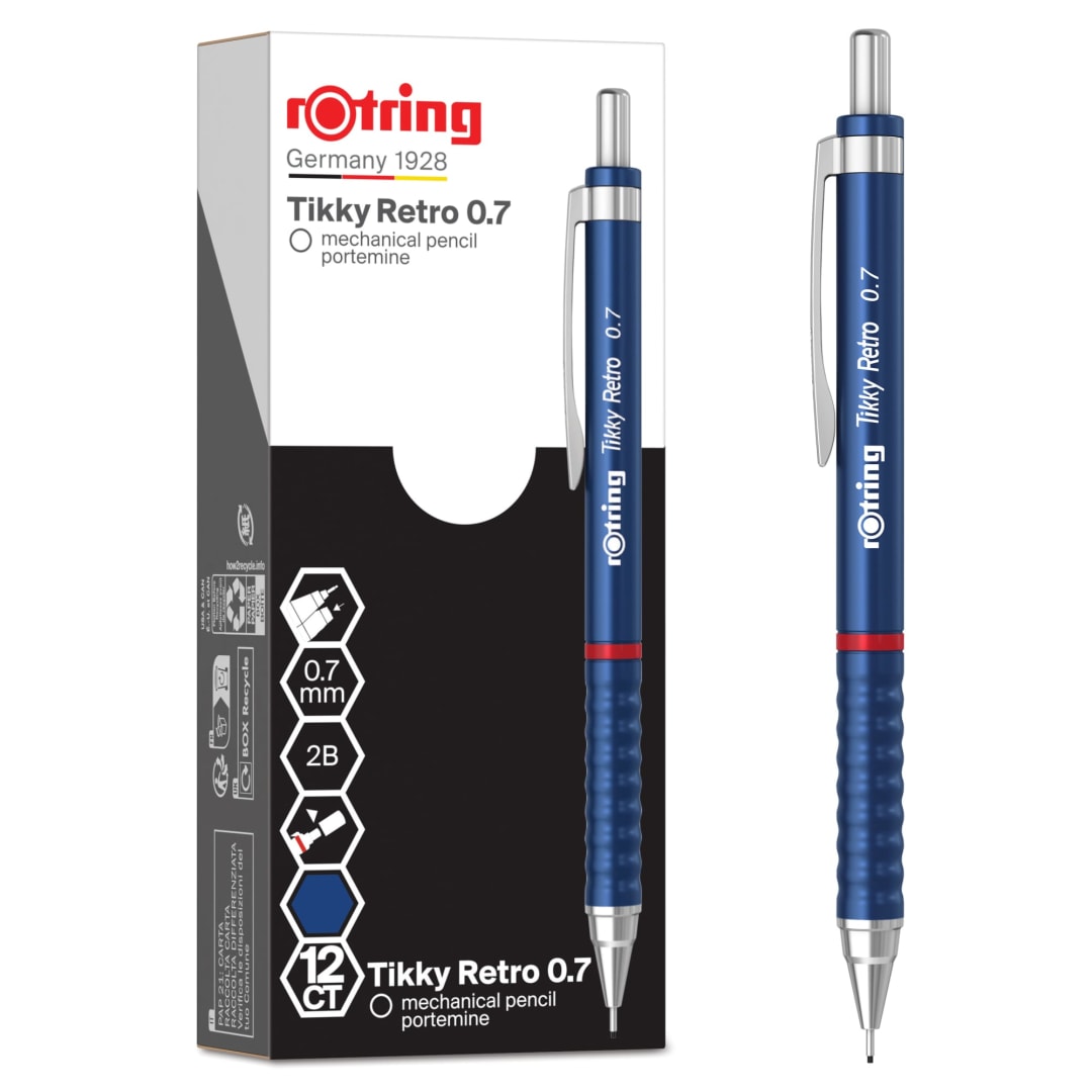 rOtring Tikky Retro Mechanical Pencils | 2B 0.7 mm | Blue Barrels | with Comfort Rippled Grip | 12 Count