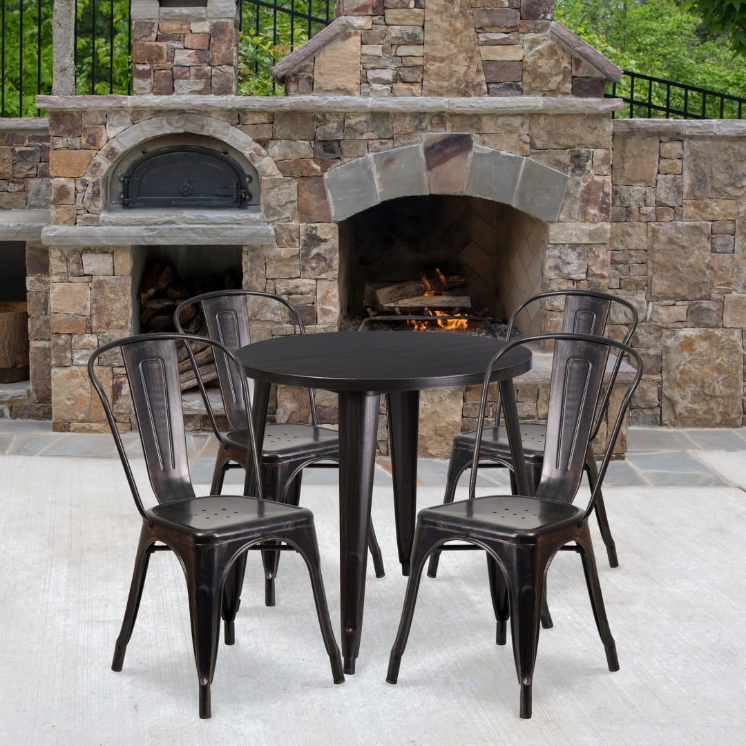 Dalton Commercial Grade 30" Round Black-Antique Gold Metal Indoor-Outdoor Table Set with 4 Cafe Chairs