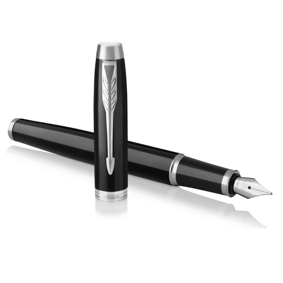 Parker IM Fountain Pen | Black Lacquer with Chrome Trim | Medium Nib with Blue Ink Refill | Gift Box