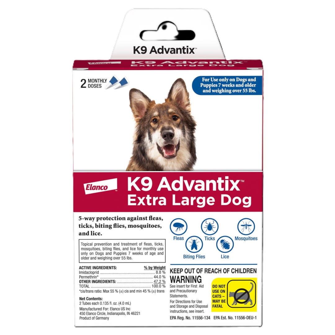K9 Advantix Flea, Tick & Mosquito Prevention & Treatment for Dogs Over 55 lbs. | Flea Drops for Extra Large Dogs | Apply Monthly | 2 Treatments