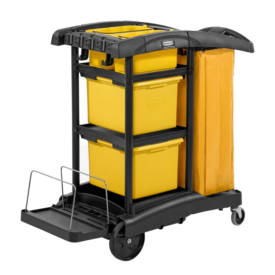 Rubbermaid Commercial Products Janitorial Cleaning Cart with Bins High Capacity, Black