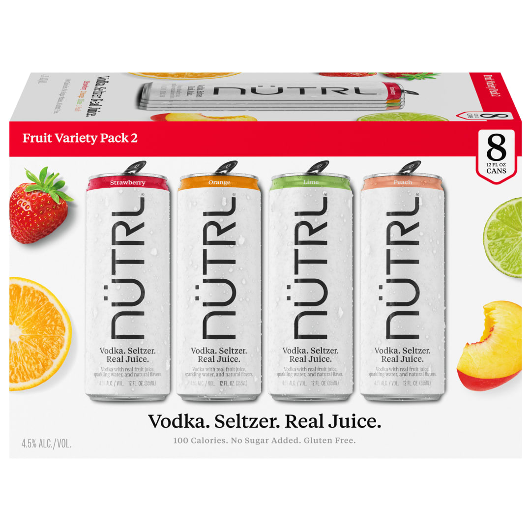 Nutrl Vodka Seltzer Fruit FOUR FLAVOR Variety Pack #3 8x12 oz Can Sleek Pack CARRIER - Lime, Peach, Orange, Strawberry - Remove SL Coating
