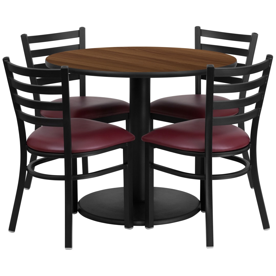 Jamie 36'' Round Walnut Laminate Table Set with Round Base and 4 Ladder Back Metal Chairs - Burgundy Vinyl Seat