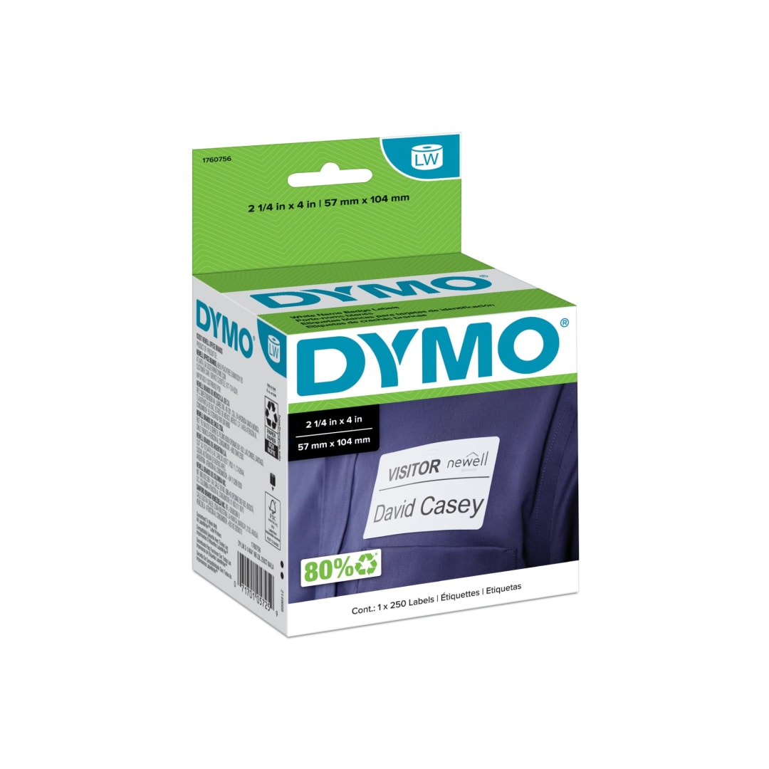 DYMO® Authentic LW Name Badge Labels for LabelWriter™ Label Makers, Self-Adhesive White Labels, 2-1/4" x 4", 1 Roll of 250