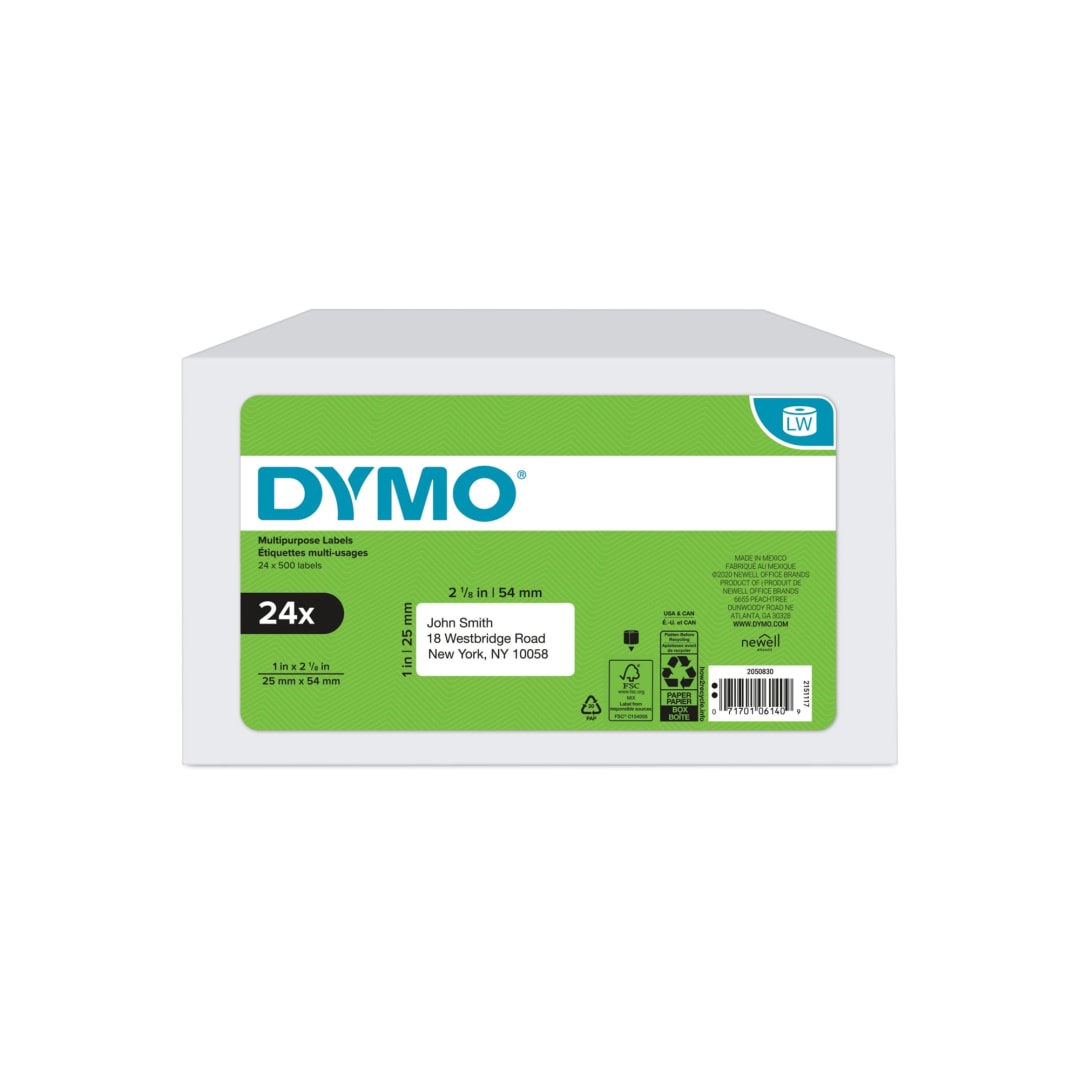 DYMO® Authentic LW Multi-Purpose Labels for LabelWriter™ Label Printers, White, 1" x 2-1/8", 24 rolls of 500 (12000 Total)