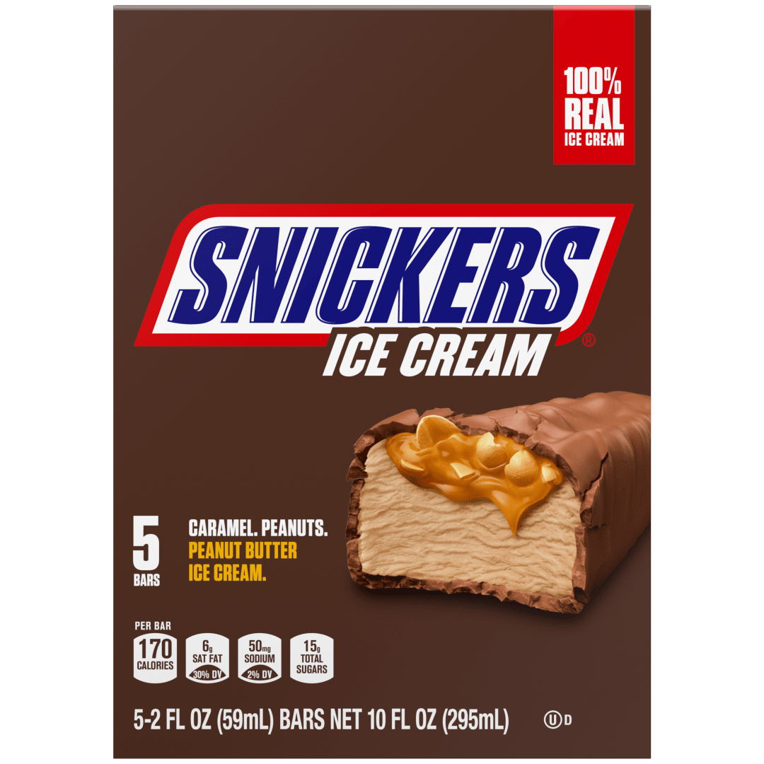 SNICKERS Ice Cream, Chocolatey Caramel Peanut Butter Ice Cream Bars Individually Wrapped Dessert, 5 Pack, 2 Oz Bars