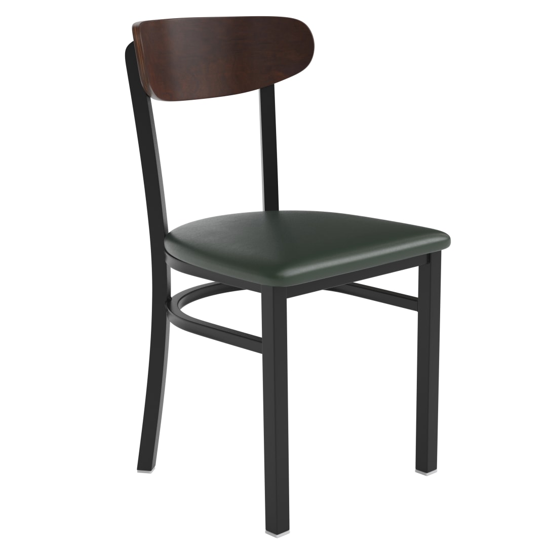 Wright Commercial Dining Chair with 500 LB. Capacity Black Steel Frame, Walnut Finish Wooden Boomerang Back, and Green Vinyl Seat