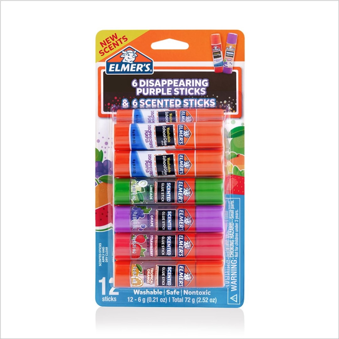 Elmer’s Scented Glue Sticks Variety Pack, Includes Disappearing Purple Glue Sticks, Safe, Nontoxic School Glue, 12 Count (6g each)