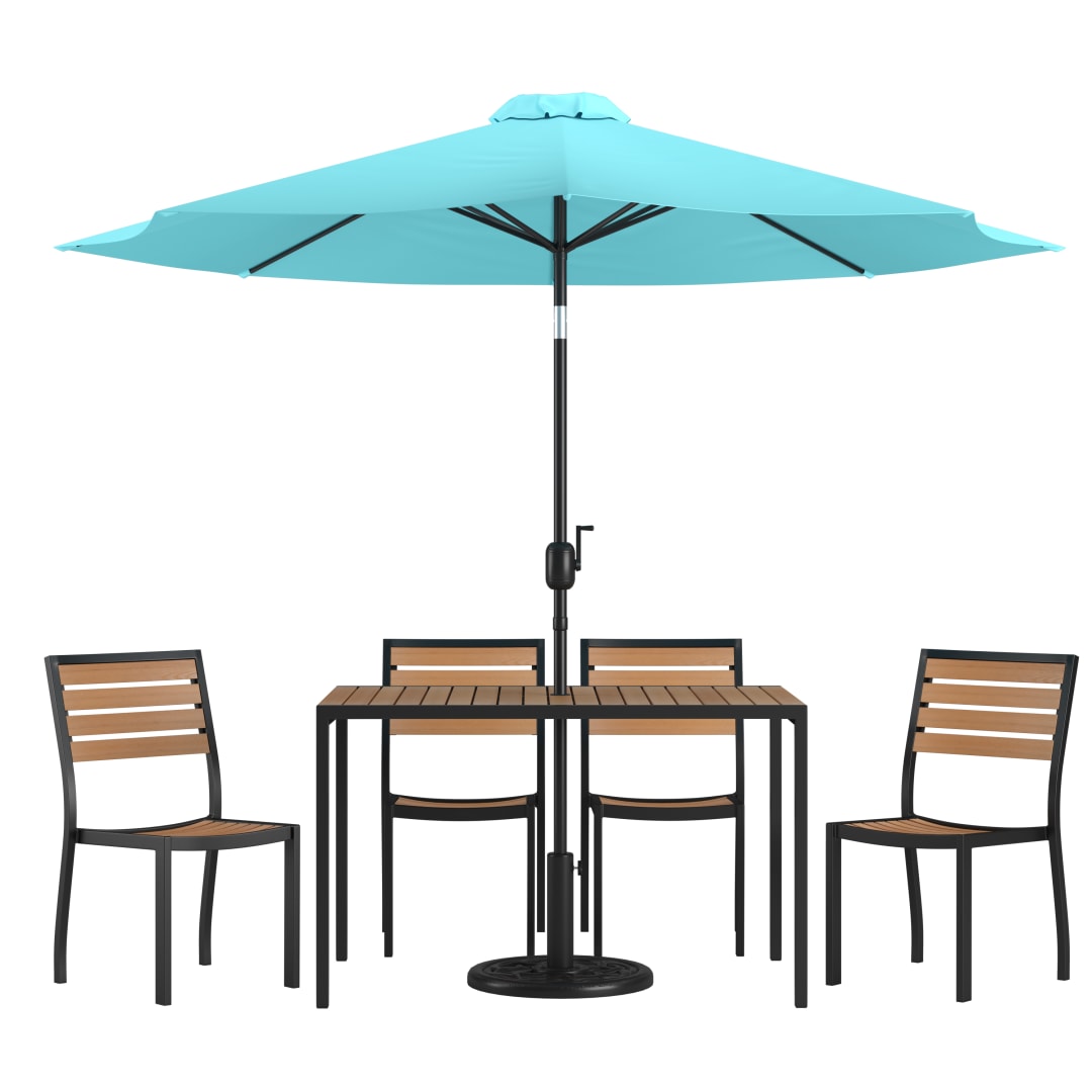 Lark 7 Piece All-Weather Deck or Patio Set - 4 Stacking Faux Teak Chairs, 30" x 48" Faux Teak Table, Teal Umbrella & Base