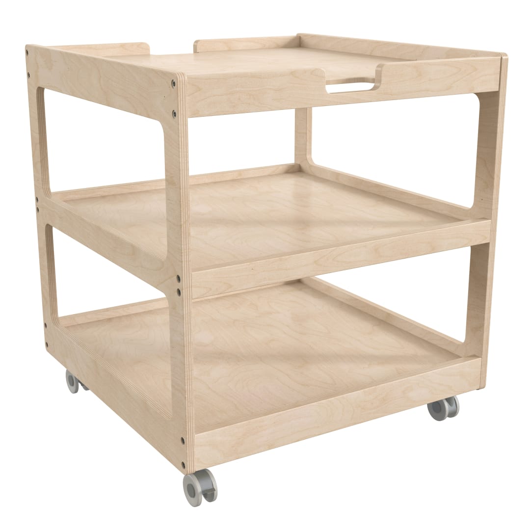 Bright Beginnings Commercial 3 Shelf Square Space Saving Wooden Mobile Classroom Storage Cart, Locking Caster Wheels, Kid Friendly Design, Natural