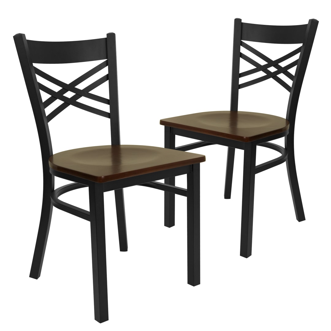 2 Pack HERCULES Series Black ''X'' Back Metal Restaurant Chair - Mahogany Wood Seat