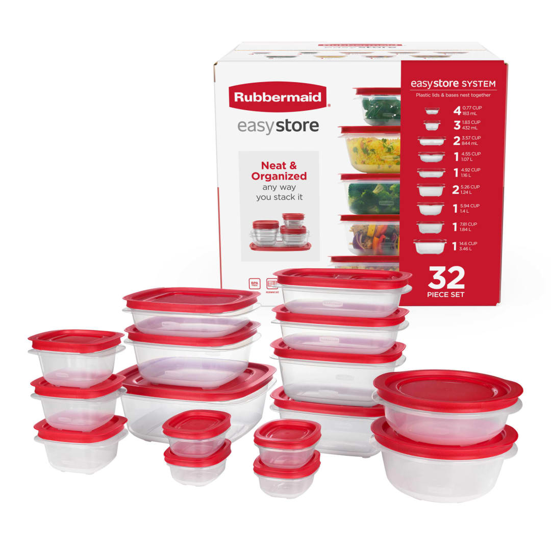 Rubbermaid EasyStore Rectangle, Square, and Round Containers, 32-Piece Set, Food Storage Containers, Food Storage Containers with Lids